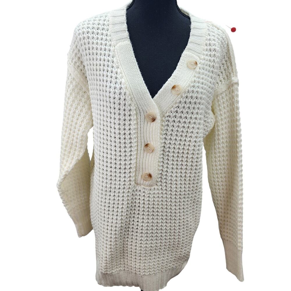 Pink Lily Cable Knit Sweater XS White Oversized Deep V Neck Button Accent Boho - Picture 2 of 13
